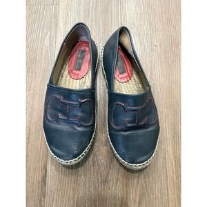 Carolina Herrera CH Initial Embossed Navy Glove Leather Espadrilles Flats Sz. 38